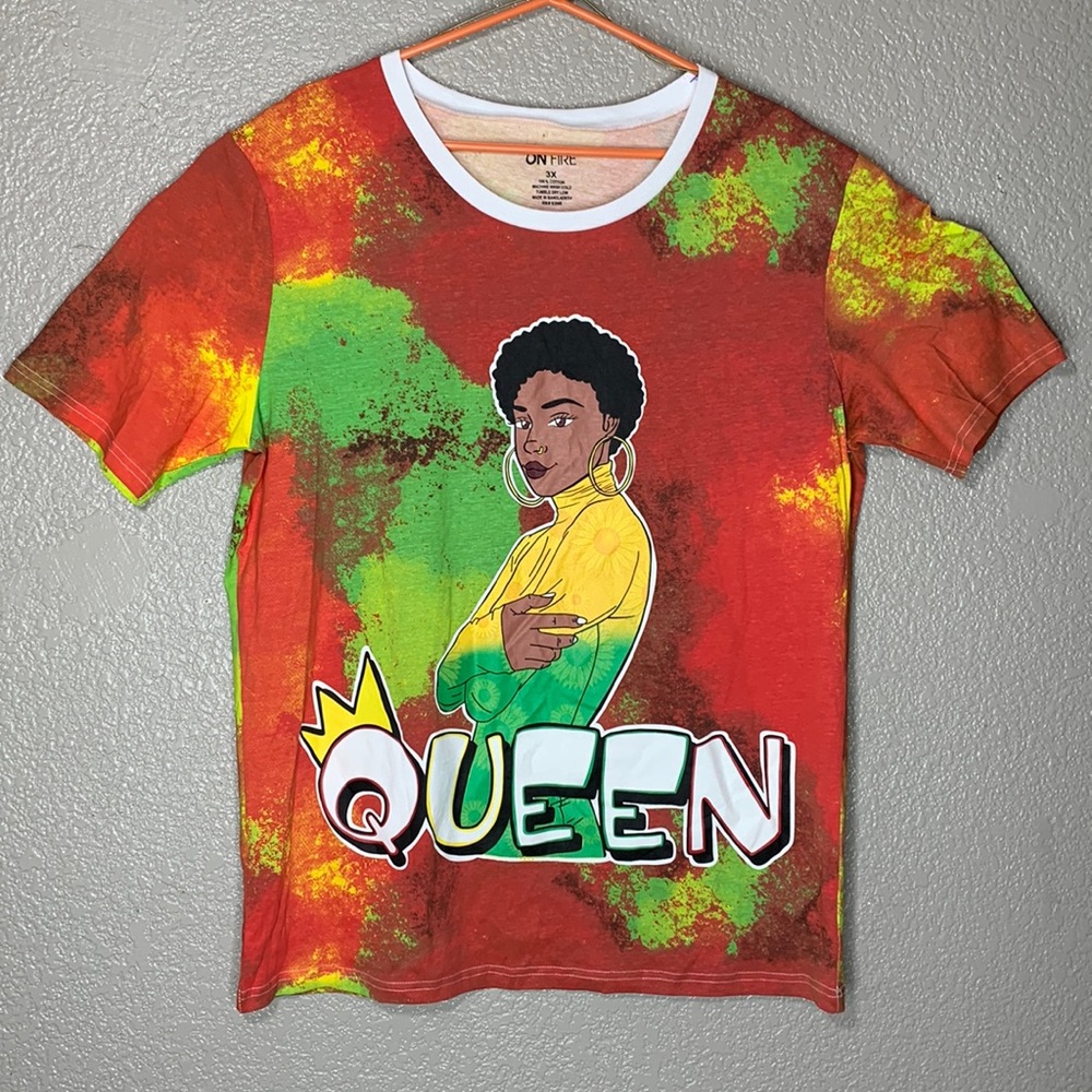 Womens 3XL Graphic Tee Shirt by ONFIRE ‘Queen’ Tie Die Style Orange Green & Red
